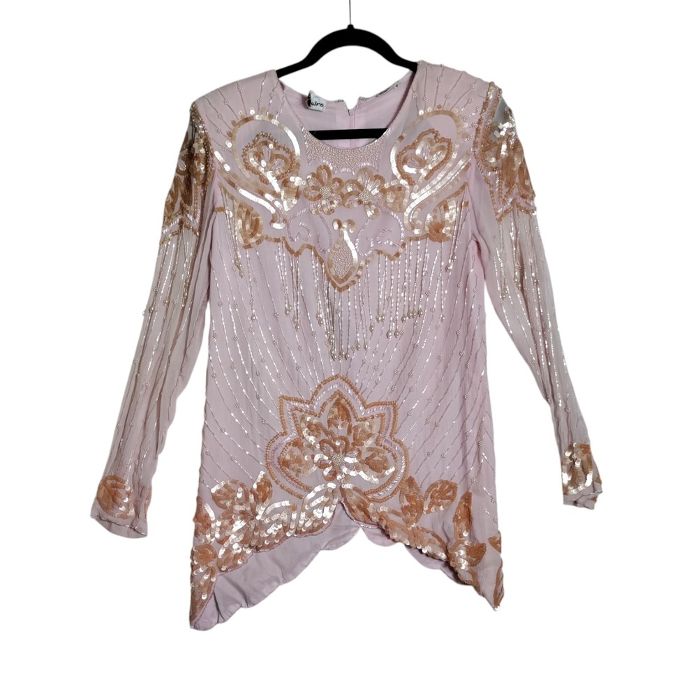 Vintage Laffaire Pink Silk Beaded Long Sleeve Top Size Small